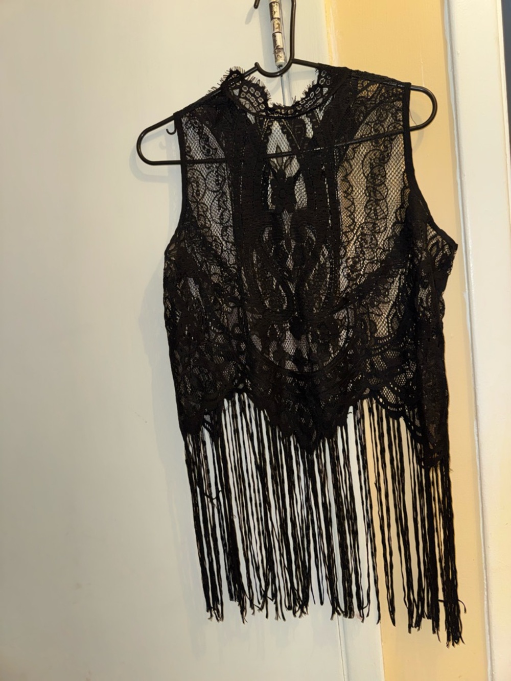 Shinestar Black Lace Fringe Crop Tank